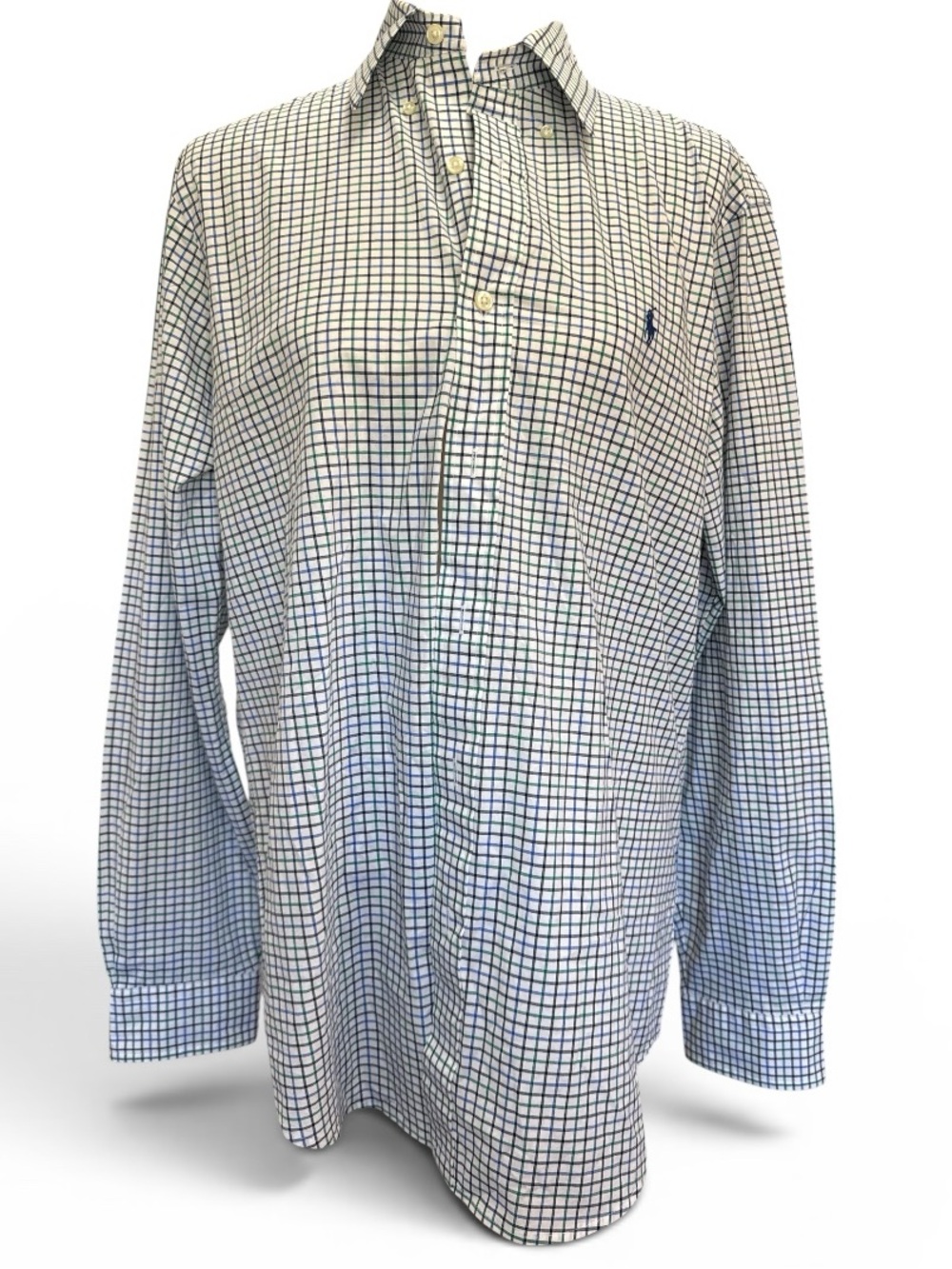 Ralph Lauren Men's Blue and White Check Button-Down Shirt #550